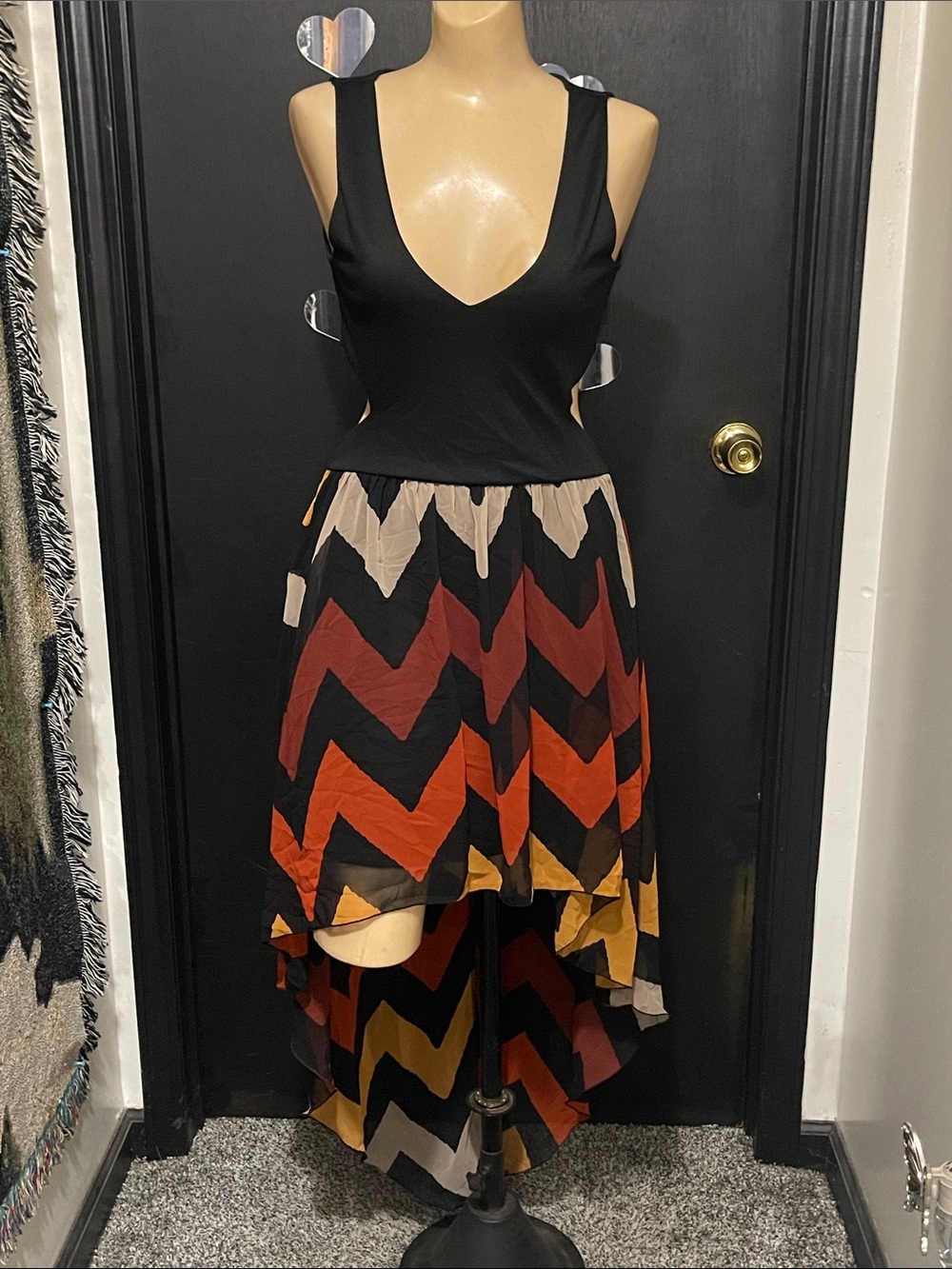 Trac Women’s Black Tank High-Low Dress W/Cutouts and Chiffon Chevron Skirt (M)